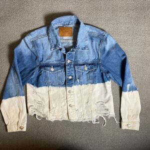 BBJ Los Angeles Two-Tone Blue & Cream Distressed Denim Jacket- Streetwear Cotton
